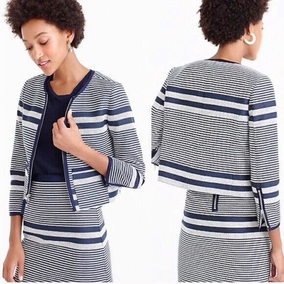 J Crew Striped Knit Jacket Women 6 Navy White Lady Cropped Zip Preppy Nautical - Picture 1 of 12